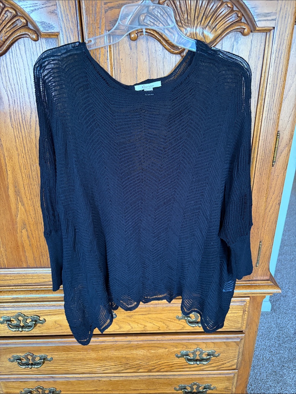 Lightweight Black Open-Weave Crewneck Sweater